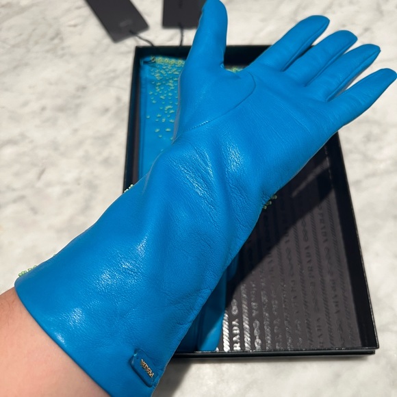 NWT PRADA Lamb Leather Long Embellished Gloves in box size 7.5 - Picture 5 of 11